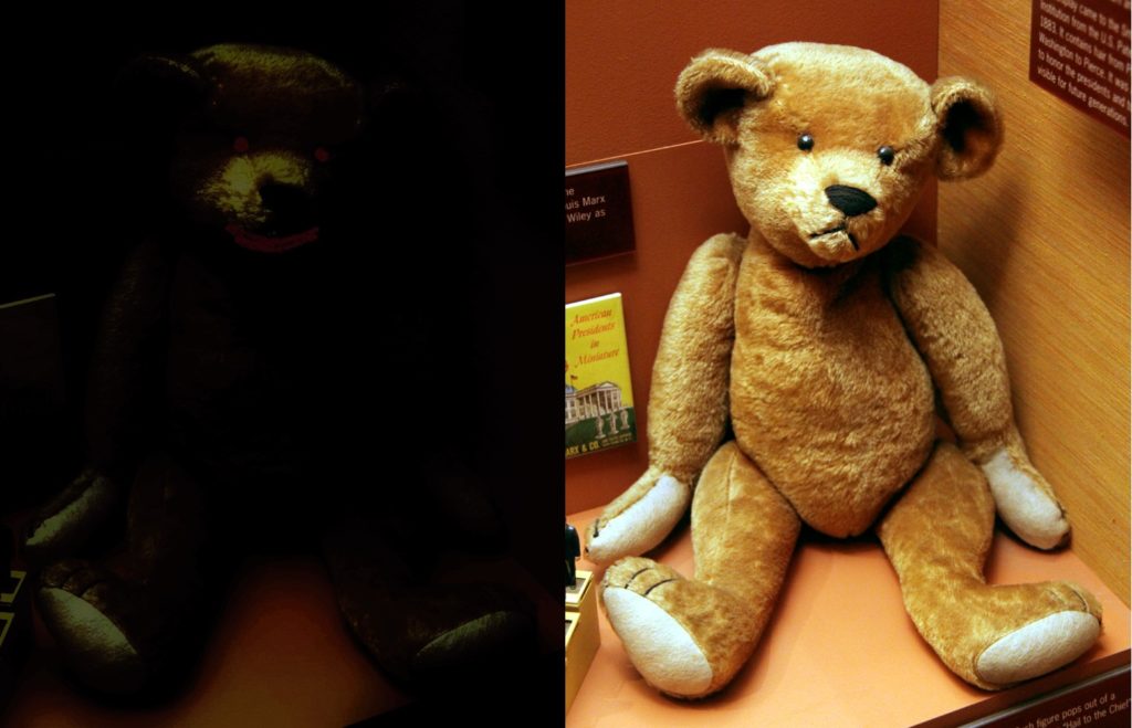 teddy bear bright and dark visual when playing horror games