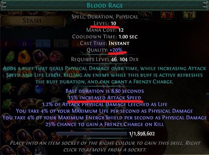 Blood Rage Gem with Quality Path of Exile